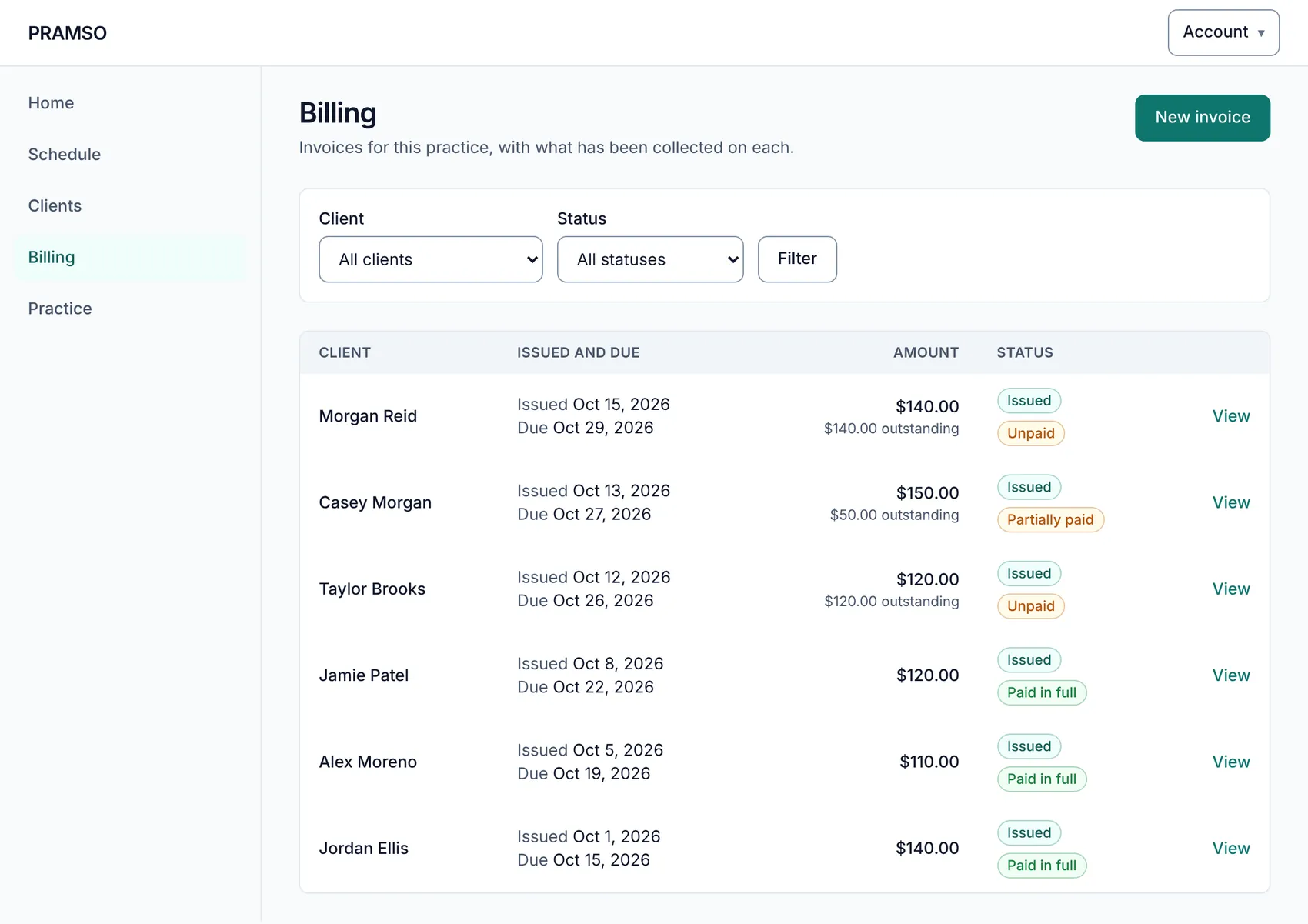 The PRAMSO billing list showing invoices with their amounts and whether each is paid, partially paid, unpaid or still a draft.