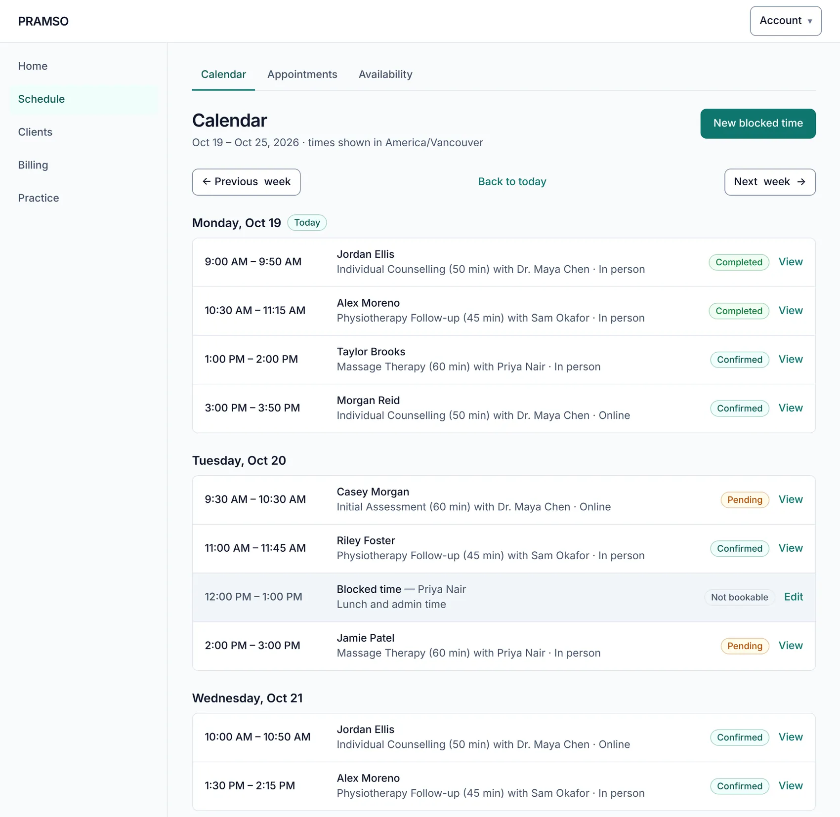The PRAMSO calendar showing a practice's week, day by day, with each appointment's time, client, service, practitioner and status.