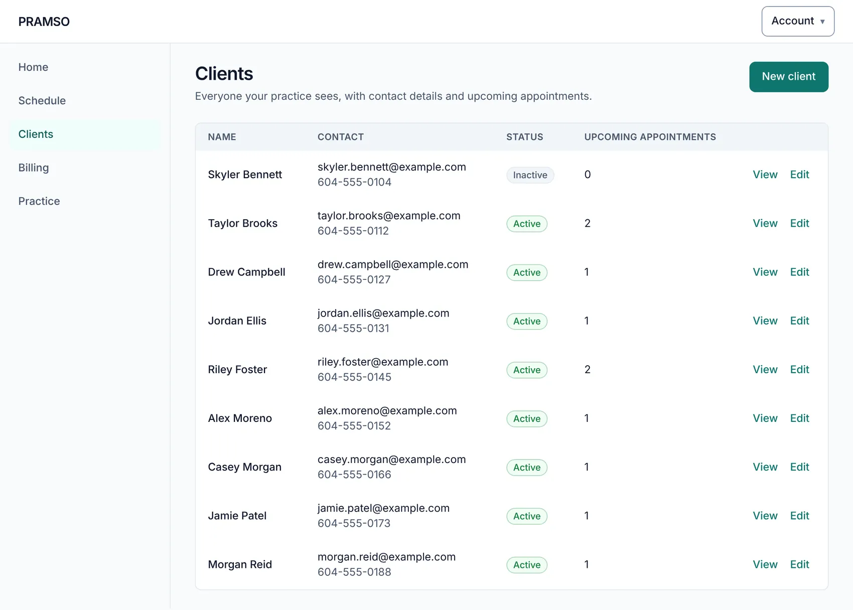 The PRAMSO clients list showing each client's contact details, status and number of upcoming appointments.
