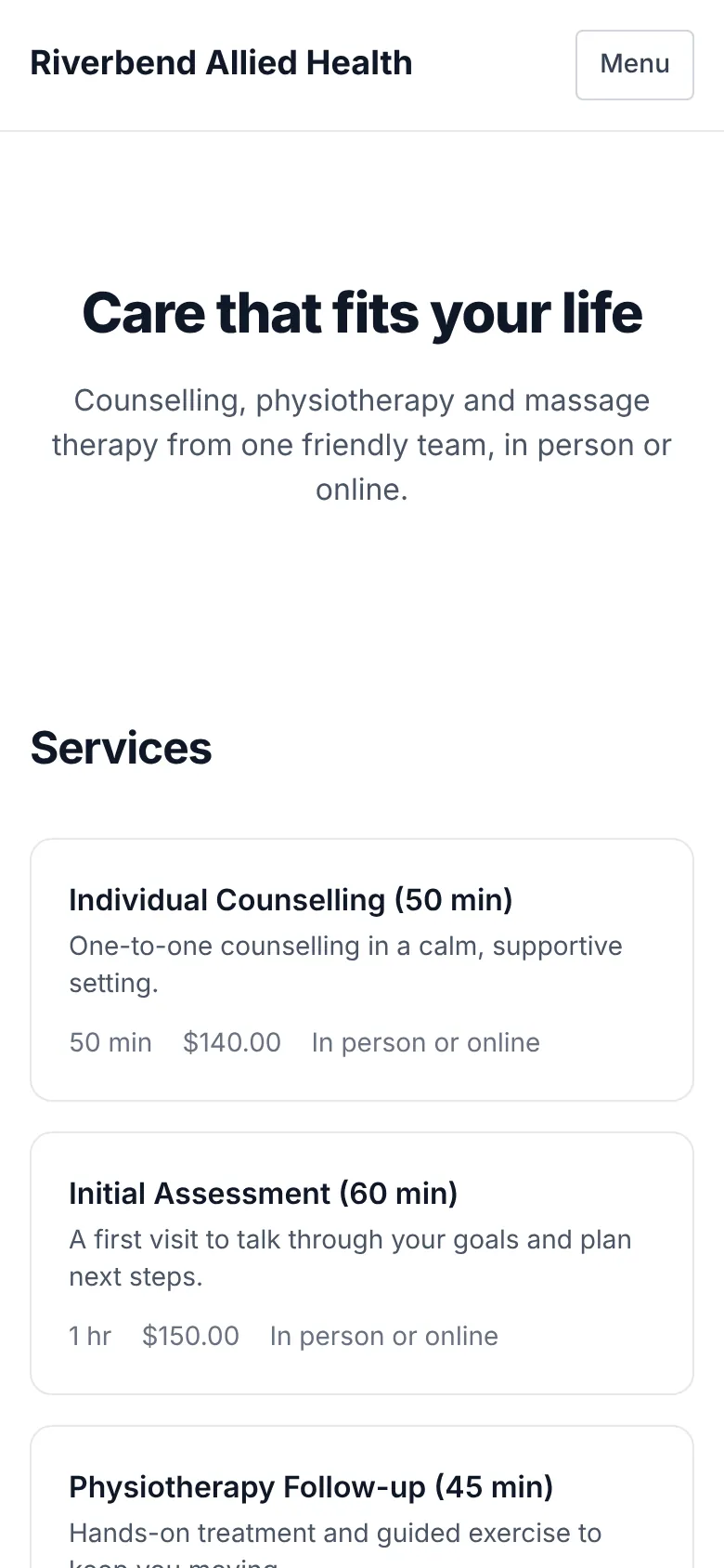 A practice's PRAMSO website on a phone, with a menu button, a book-an-appointment button and a list of services.