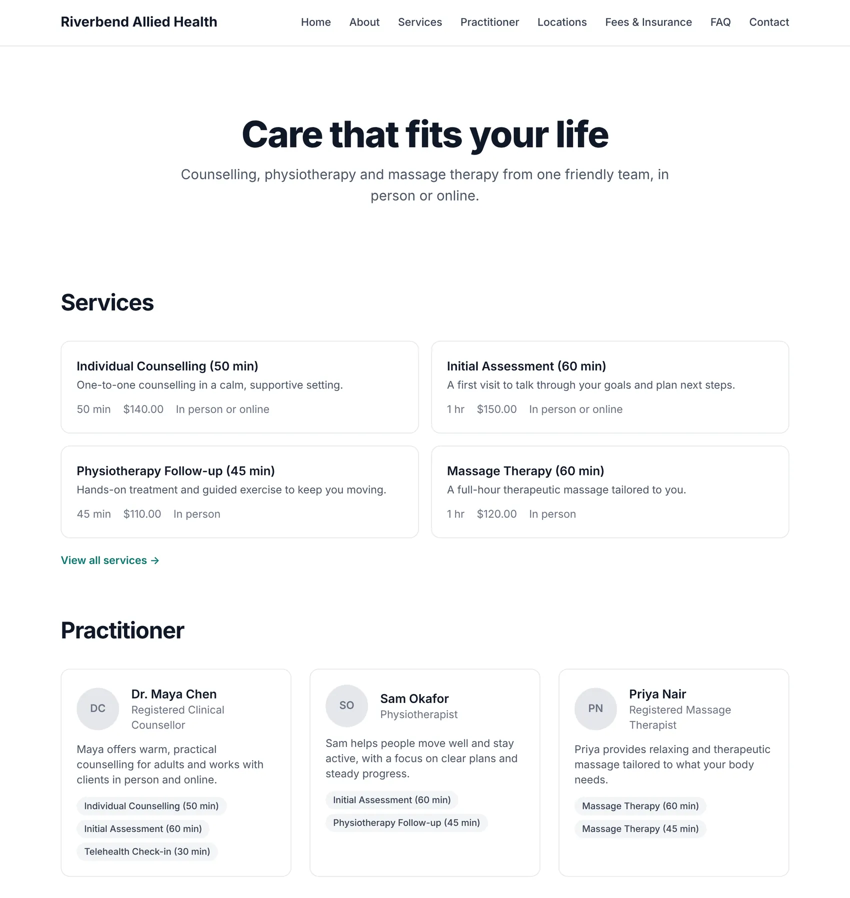 A practice's own public website, built in PRAMSO, with a book-an-appointment button, its services and its practitioners.